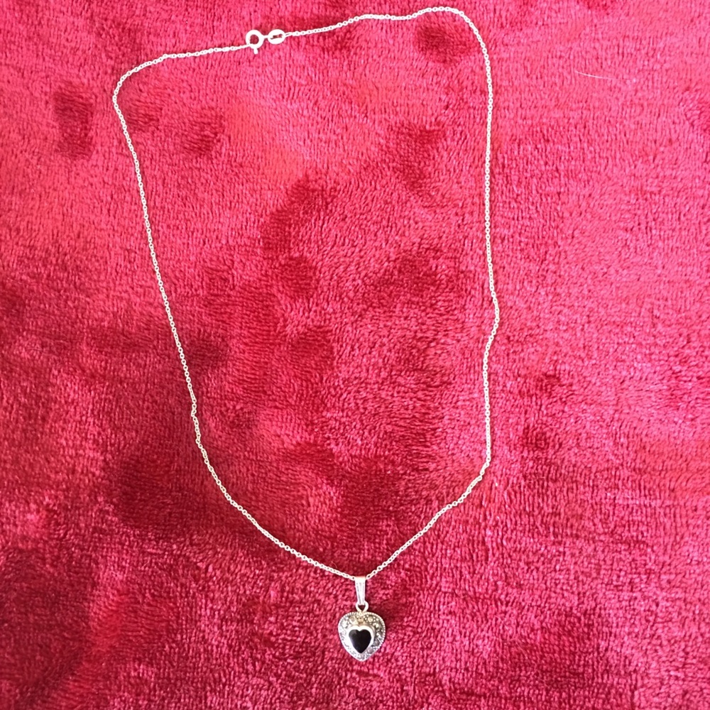 Sterling, marcasite and black onyx heart necklace
